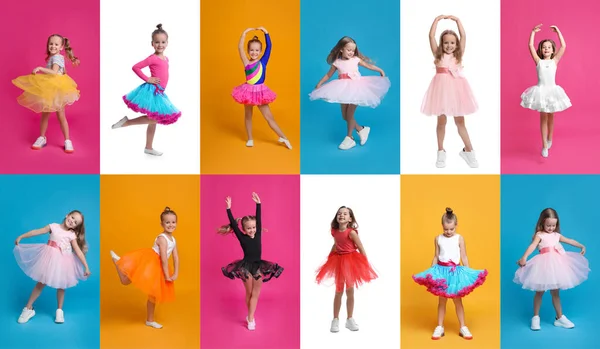 Colagem Com Fotos Meninas Bonitos Dançando Diferentes Fundos Cor — Fotografia de Stock