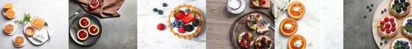 Kollázs Különböző Ízletes Tortákról Készült Fotókkal Bannertervezés — Stock Fotó