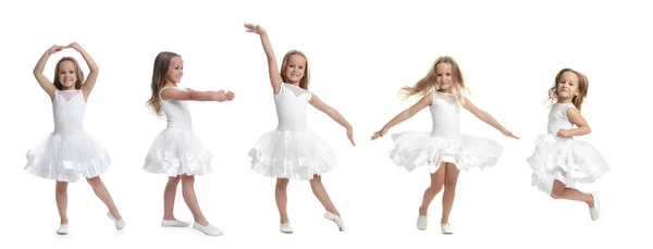 Kolaż Zdjęciami Uroczej Dziewczynki Tańczącej Białym Tle Projekt Banera — Zdjęcie stockowe