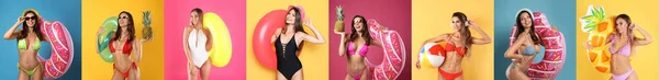 Κολάζ Φωτογραφίες Γυναικών Που Φορούν Μπικίνι Διαφορετικά Χρώματα Σχεδιασμός Banner — Φωτογραφία Αρχείου