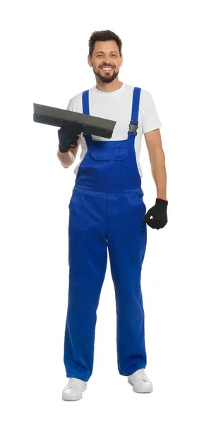 Profesionální Pracovník Uniformě Tmel Nůž Bílém Pozadí — Stock fotografie