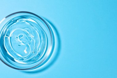 Açık mavi zemin üzerinde sıvı bulunan petri kabı, üst manzara. Metin için boşluk