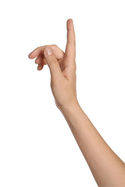 Kobieta Wskazująca Coś Białym Tle Zbliżenie Dłoni — Zdjęcie stockowe