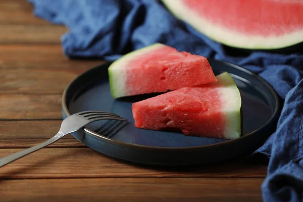 Sliced Fresh Juicy Watermelon Served Wooden Table Closeup — Stock Photo, Image