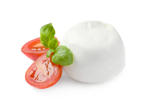 Köstlicher Mozzarella Tomaten Und Basilikumblätter Auf Weißem Hintergrund — Stockfoto