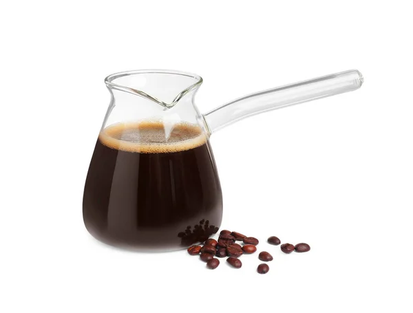 Glas Turkiskt Kaffe Pott Med Varm Dryck Och Bönor Vit — Stockfoto