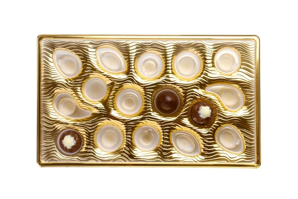 Scatola Parzialmente Vuota Caramelle Cioccolato Isolate Bianco Vista Dall Alto — Foto Stock