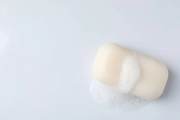 Soap Fluffy Foam White Background Top View Space Text — Stock Photo, Image