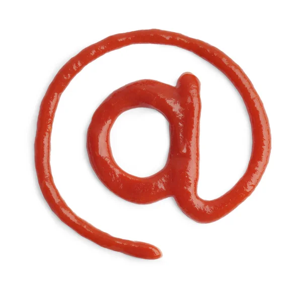 Znak Adresu Narysowany Przez Ketchup Białym Tle — Zdjęcie stockowe