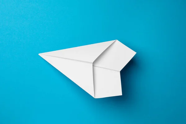 Handmade White Paper Plane Light Blue Background Top View — Stock Photo, Image