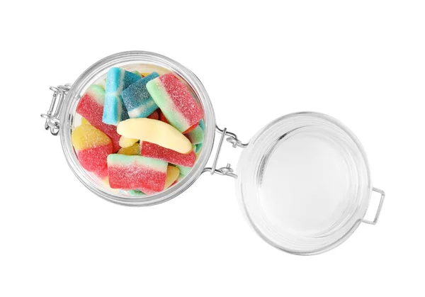 Tasty Jelly Candies Jar White Background Top View — Stock Photo, Image