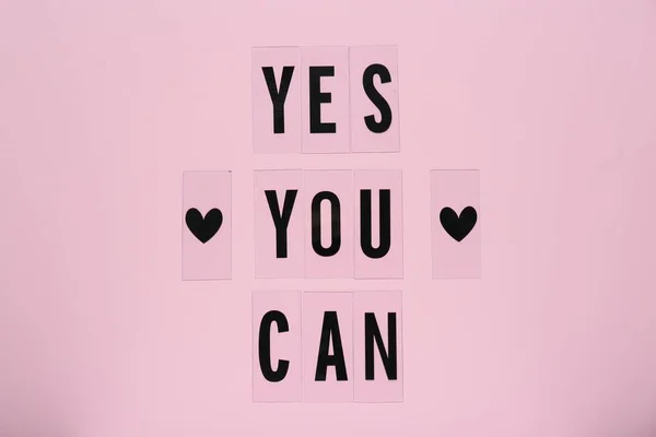 Phrase Yes You Can Hearts Pink Background Top View Motivational — Stock Photo, Image