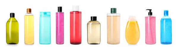 Set Different Bottles Shampoo White Background Banner Design — Stock Photo, Image