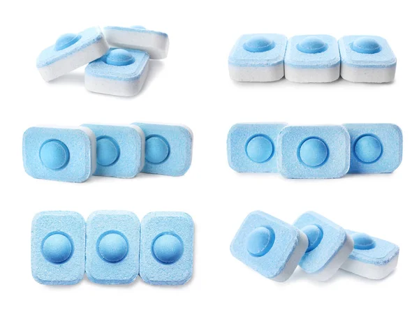 Set with water softener tablets on white background.