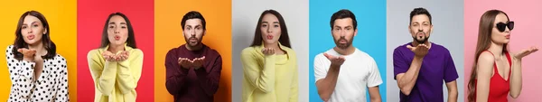 Collage Con Fotos Personas Soplando Besos Aire Diferentes Colores Fondo —  Fotos de Stock