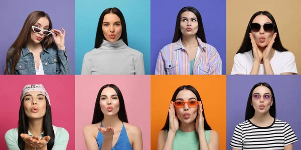 Farklı Renklerde Hava Öpücüğü Veren Kadınların Fotoğraflarıyla Kolaj — Stok fotoğraf