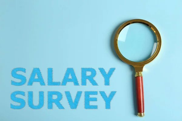 stock image Phrase Salary Survey and magnifying glass on light blue background, top view