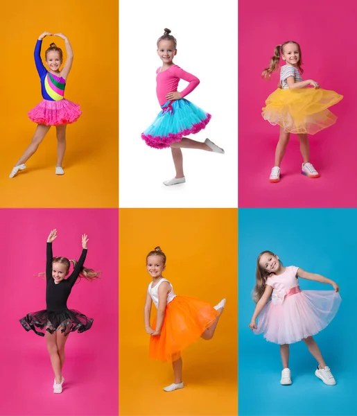 在大学里 有许多可爱的小女孩在不同的色彩背景下跳舞 — 图库照片