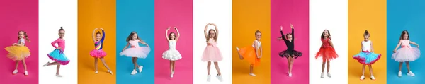 異なる色の背景で踊るかわいい女の子の写真とコラージュ バナーデザイン — ストック写真