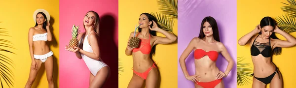 Collage Con Fotos Mujeres Con Bikini Diferentes Fondos Color Diseño — Foto de Stock