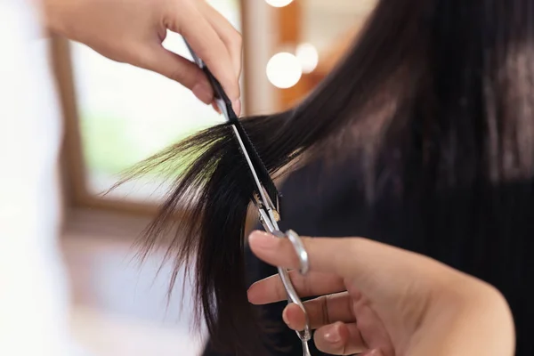 Profesionální Kadeřník Stříhání Ženské Vlasy Salonu Krásy Detailní Záběr — Stock fotografie