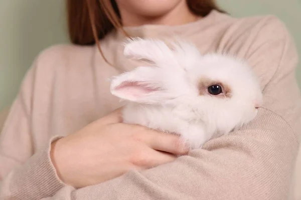Mujer Con Lindo Conejo Mullido Mascota Blanca Interior Primer Plano —  Fotos de Stock