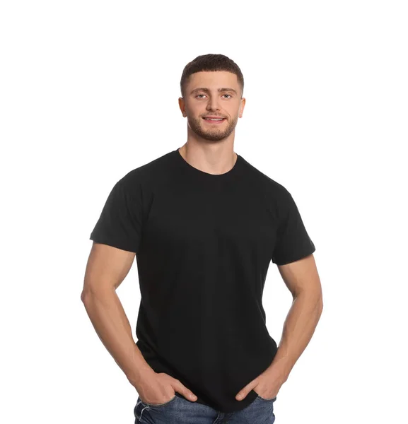 Homem Vestindo Camiseta Preta Fundo Branco Mockup Para Design — Fotografia de Stock