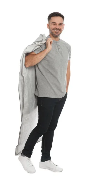 Homme Tenant Une Couverture Vêtement Avec Des Vêtements Sur Fond — Photo