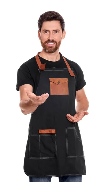 stock image Professional hairdresser wearing apron on white background