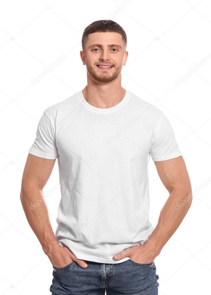 Man wearing blank t-shirt on white background. Mockup for design