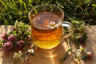 Bir fincan aromatik bitki çayı ve yeşil çimlerde farklı kır çiçekleri.