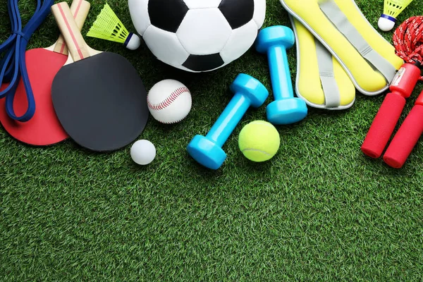 Set Different Colorful Sports Equipment Green Grass Flat Lay Space — Stock Photo, Image