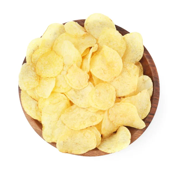 Bowl Delicious Potato Chips Isolated White Top View — Stock Photo, Image