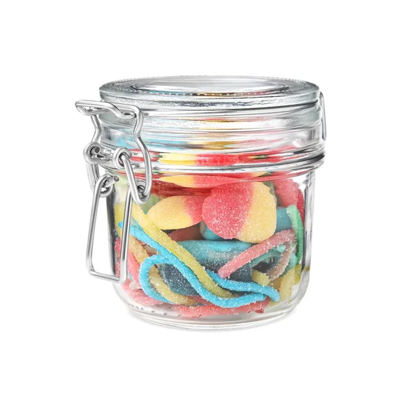 Tasty Jelly Candies Jar White Background — Stock Photo, Image
