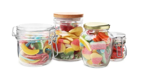 Jars Tasty Jelly Candies White Background — Stock Photo, Image