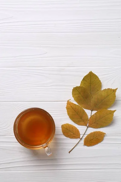 Small Branch Autumn Leaves Cup Delicious Tea White Wooden Table — Stock Photo, Image