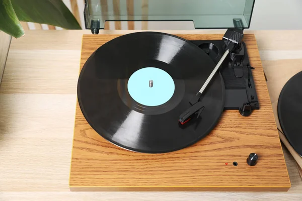 Stylish Turntable Vinyl Disc Light Wooden Table Indoors — Stock Photo, Image