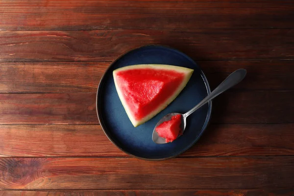Sliced Fresh Juicy Watermelon Spoon Wooden Table Top View — Stock Photo, Image