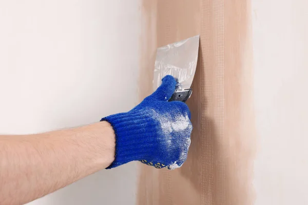Worker Plastering Wall Putty Knife Indoors Closeup — Stock Photo, Image