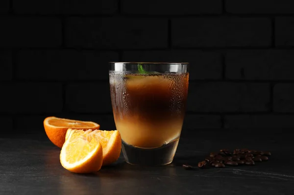 Tasty Refreshing Drink Coffee Orange Juice Grey Table Dark Background — Fotografia de Stock