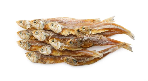 Delicious Dried Salted Anchovies White Background Top View — Stock Photo, Image