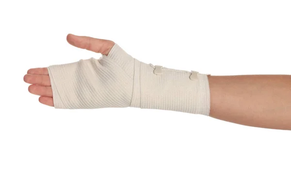 Woman Hand Wrapped Medical Bandage White Background Closeup — Stok fotoğraf
