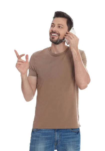Uomo Che Parla Telefono Sfondo Bianco — Foto Stock