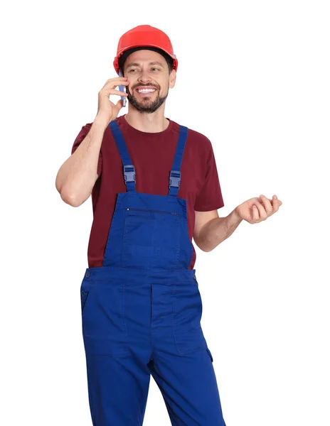 Professional Repairman Uniform Talking Phone White Background Space Text — Stock Photo, Image