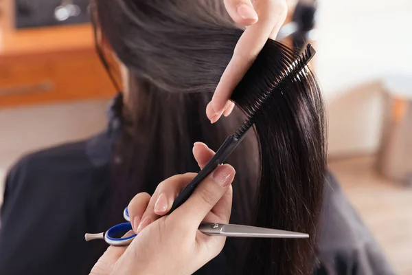 专业理发师在美容院 特写店为女性梳头 — 图库照片