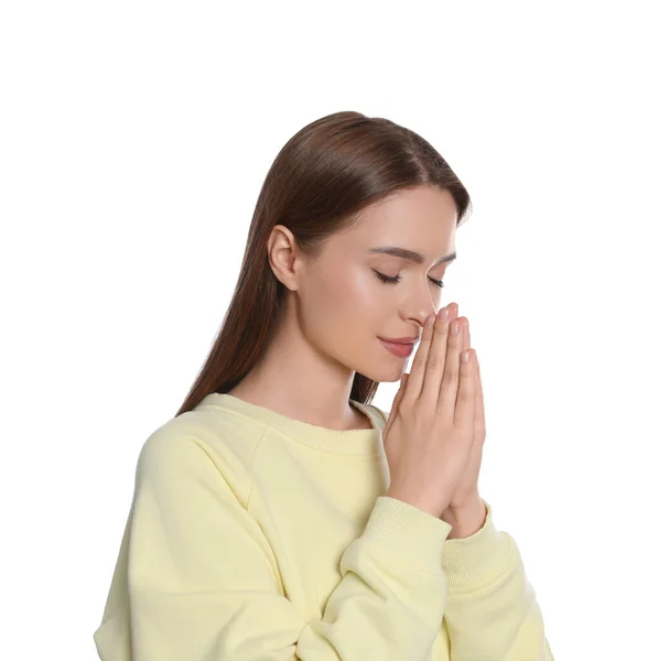Mulher Com Mãos Apertadas Orando Sobre Fundo Branco — Fotografia de Stock