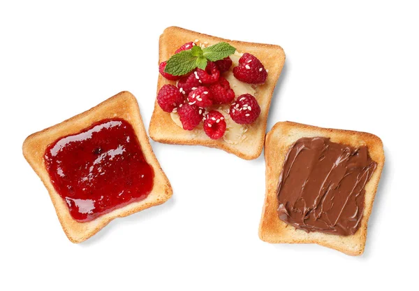 Chutné Toasty Různými Pomazánky Ovoce Bílém Pozadí Horní Pohled — Stock fotografie