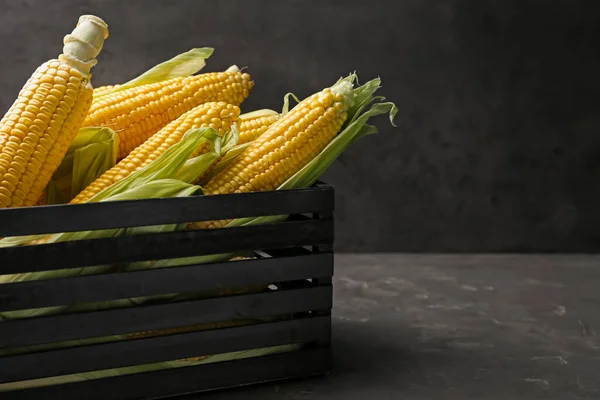 Wooden Crate Tasty Fresh Corn Cobs Grey Table Space Text — Stock Photo, Image