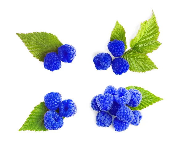 Set Con Frambuesas Azules Frescas Sabrosas Sobre Fondo Blanco — Foto de Stock