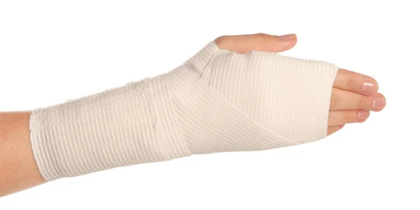 Woman Hand Wrapped Medical Bandage White Background Closeup — 图库照片